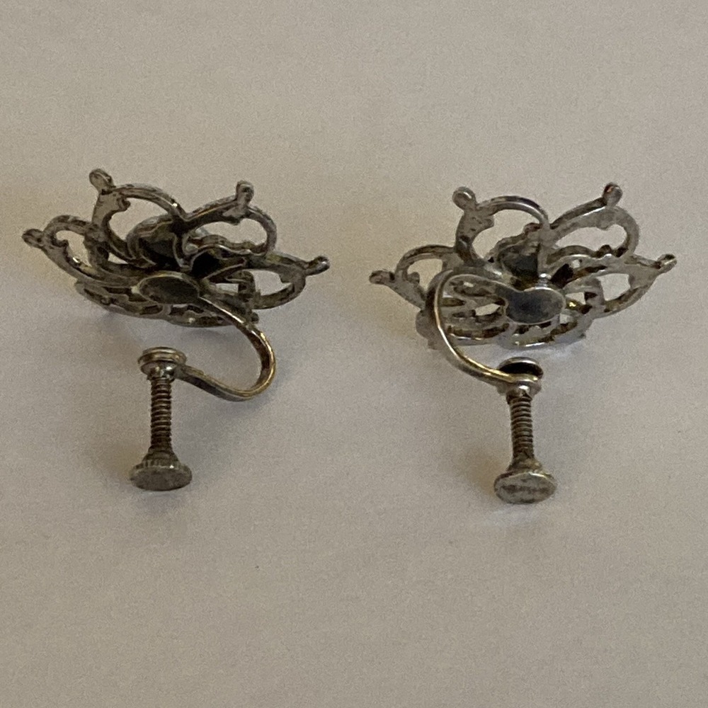Vintage Sterling Silver 925 Art Deco Scroll Flower Screw Back Clip On Earrings - Picture 2 of 6